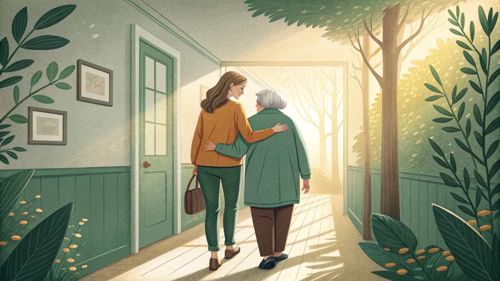 An illustration of an adult daughter with her arm around her elderly mother as they walk together down a sunlit hallway at home