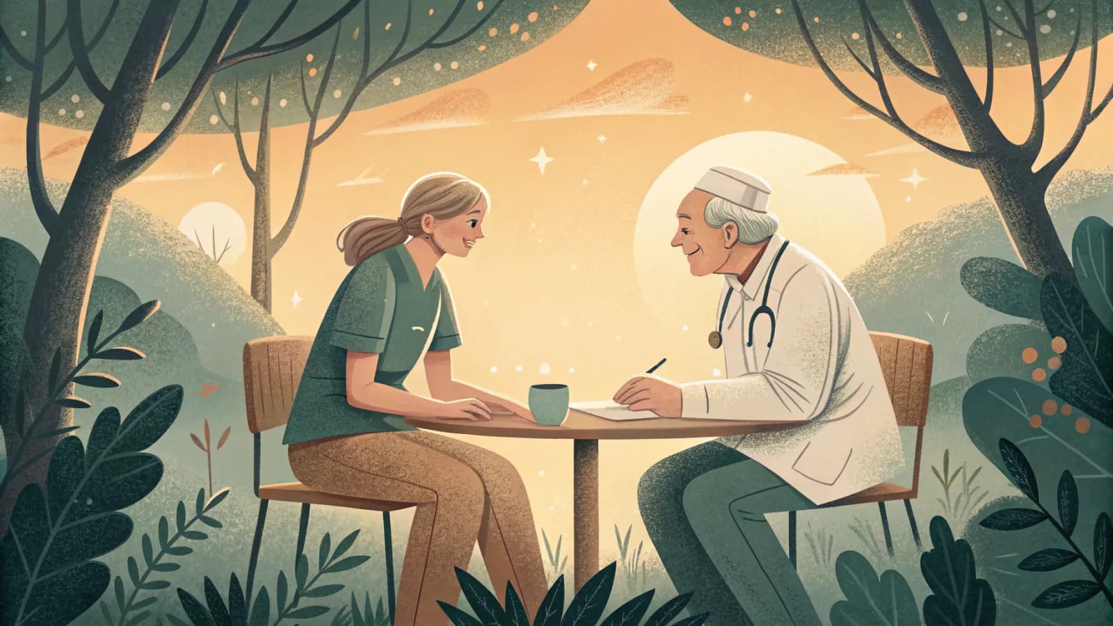 An illustration of a friendly nurse and an older man having a warm health chat