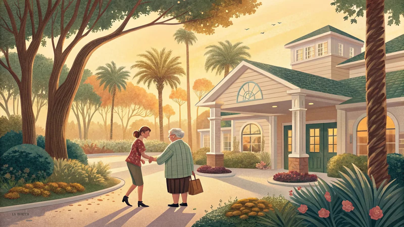 An illustration of a warm welcome at the entrance of a single story senior community