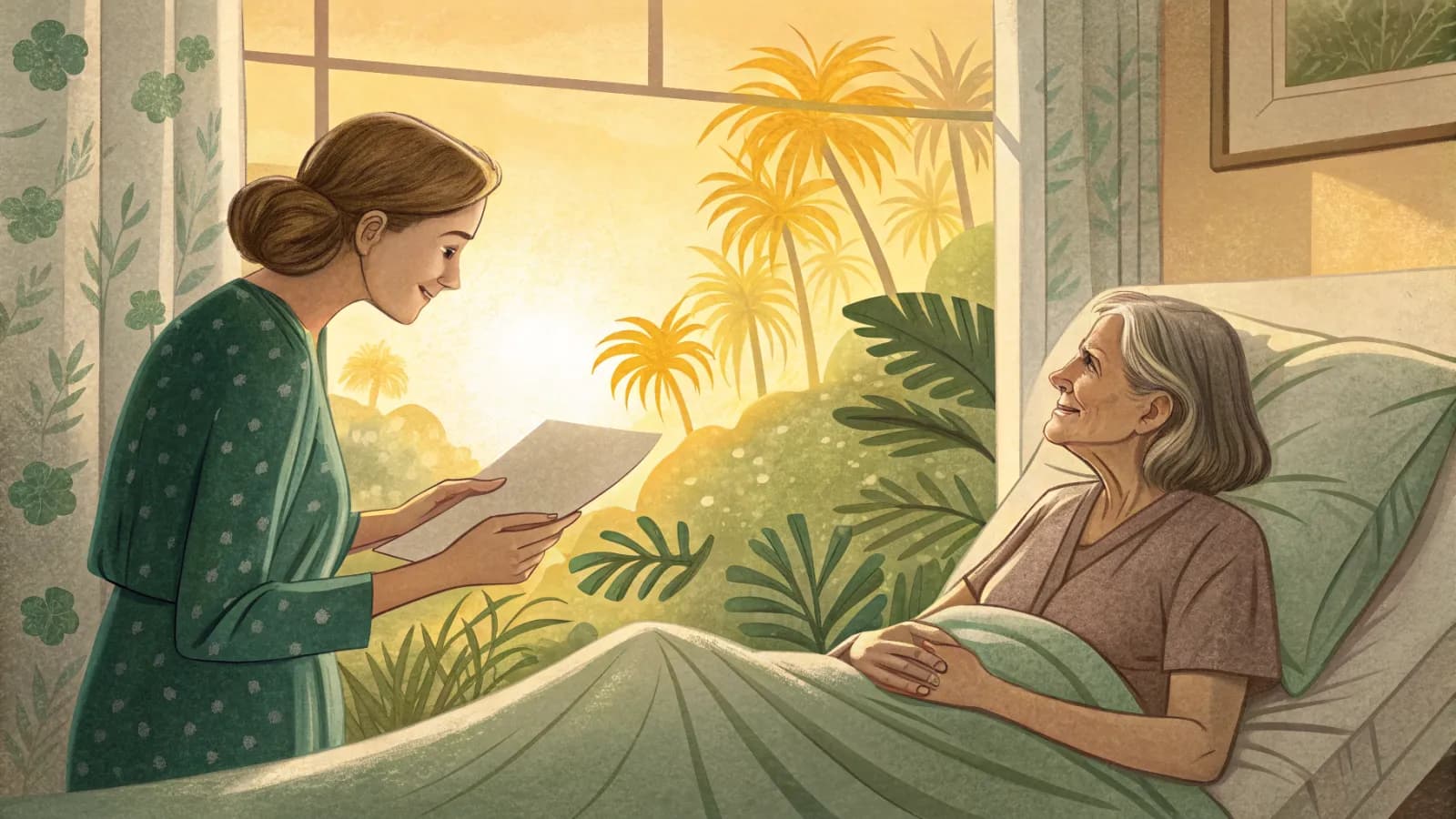 An illustration of an adult daughter reading a discharge paper at a hospital bedside next to her calm mother