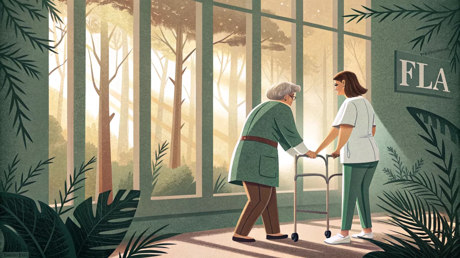 An illustration of a physical therapist steadying an older woman as she practices walking in a bright room