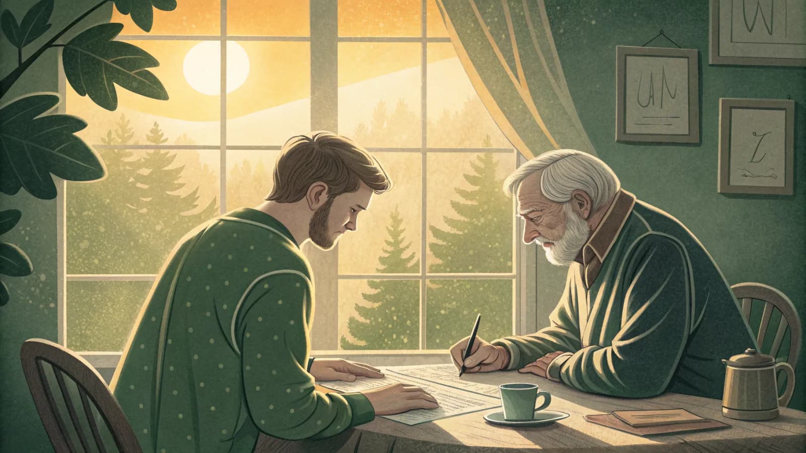 An adult son and his father compare notes and a road map at a kitchen table by a sunny window