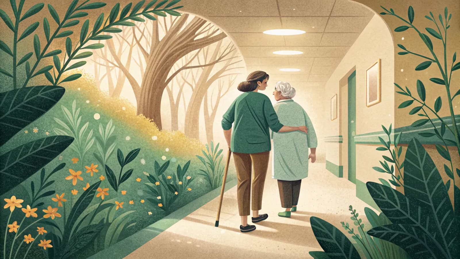 An illustration of a physical therapist steadying an older woman as she walks with a cane