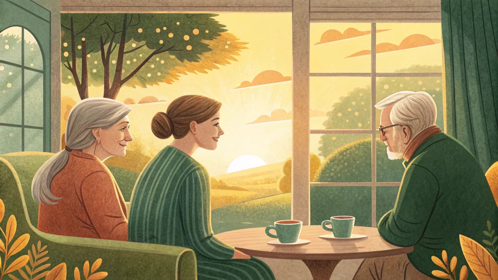 An illustration of a family visiting an older relative in a sunny common room with coffee
