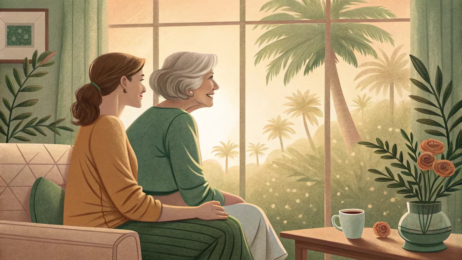 An illustration of a family visiting an elderly relative in a sunny common room with a coffee cup on the table