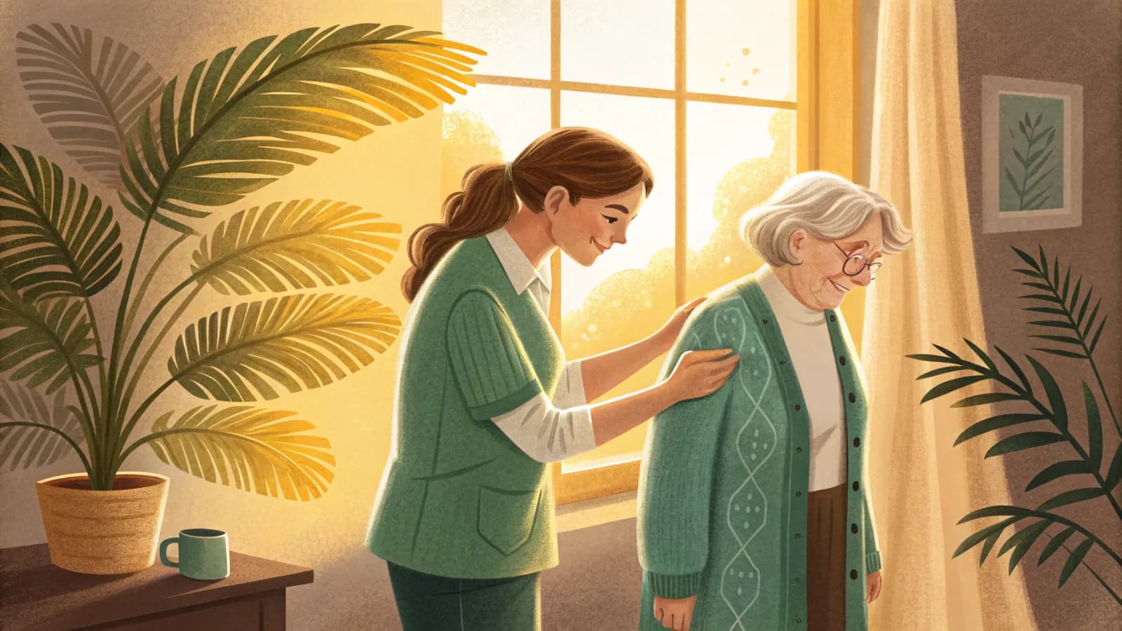 An illustration of a caregiver helping an older woman with her cardigan by a window with soft afternoon light
