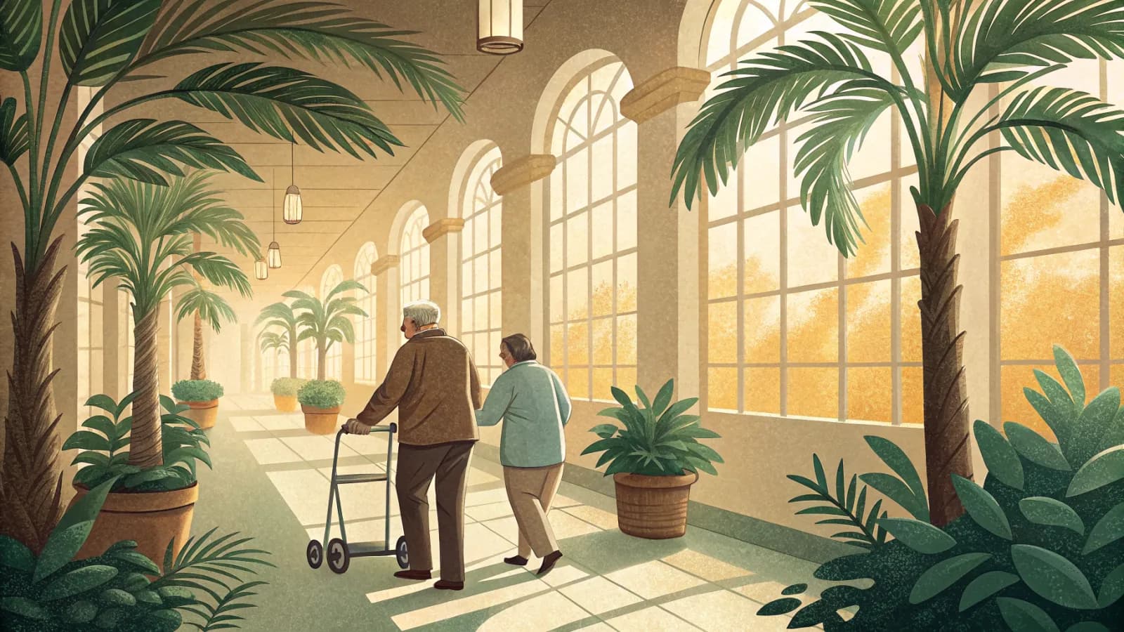 An illustration of a caregiver walking beside an older man using a walker down a sunny hallway with plants