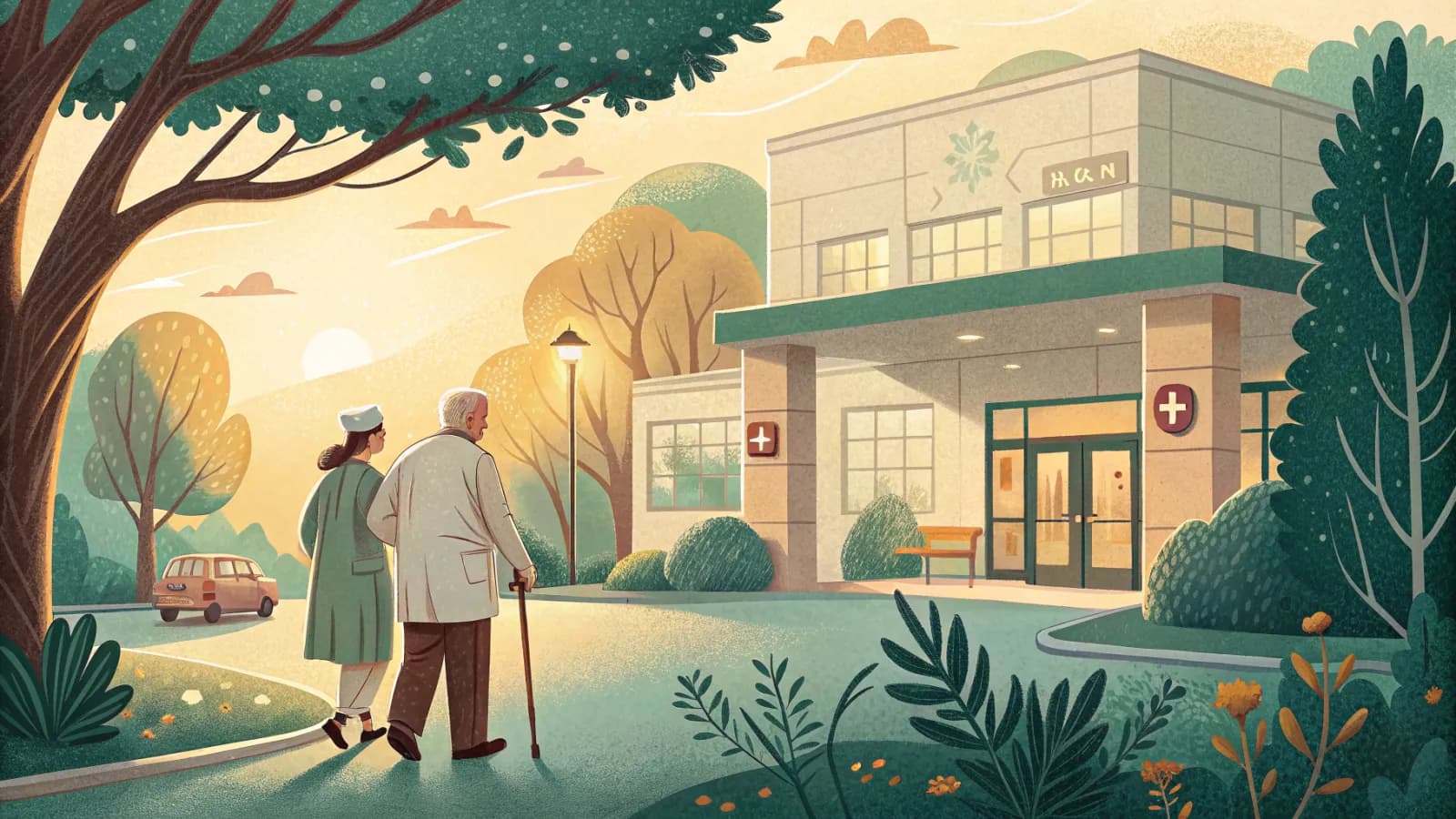 An illustration of a nurse walking an older man to a waiting car outside a hospital