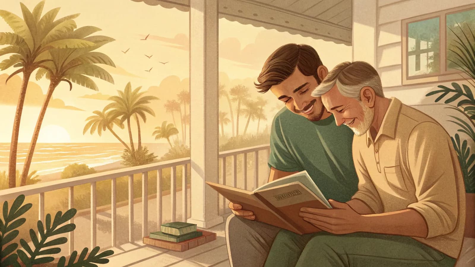 An illustration of an older man and his adult son looking at photos together on a sunny porch