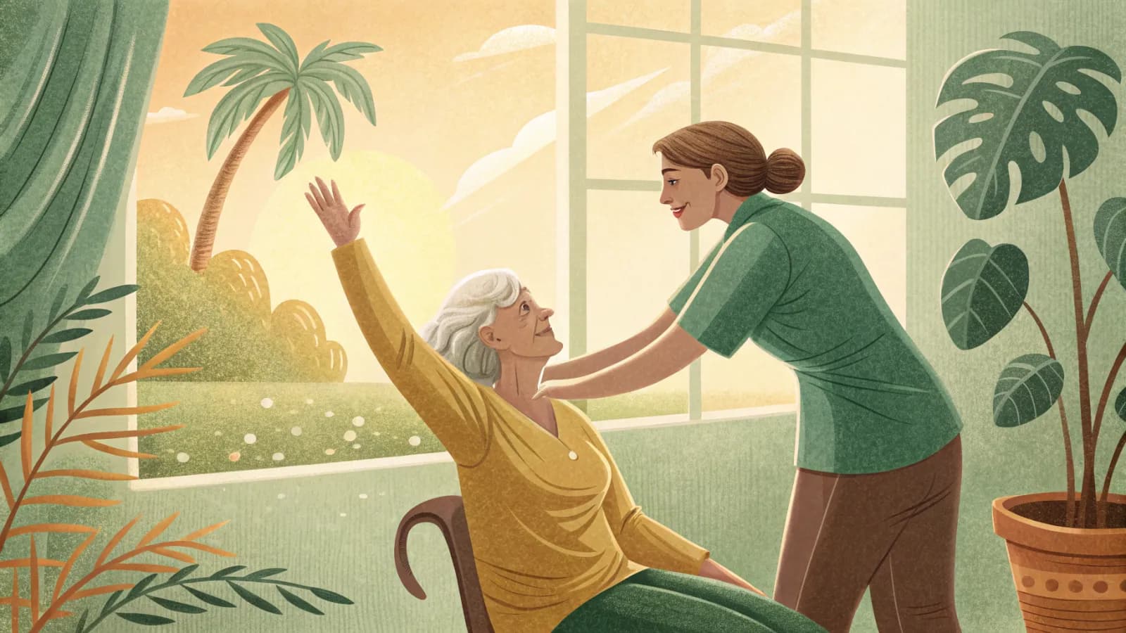 An illustration of an older woman doing a gentle seated stretch with a caregiver in a bright activity room