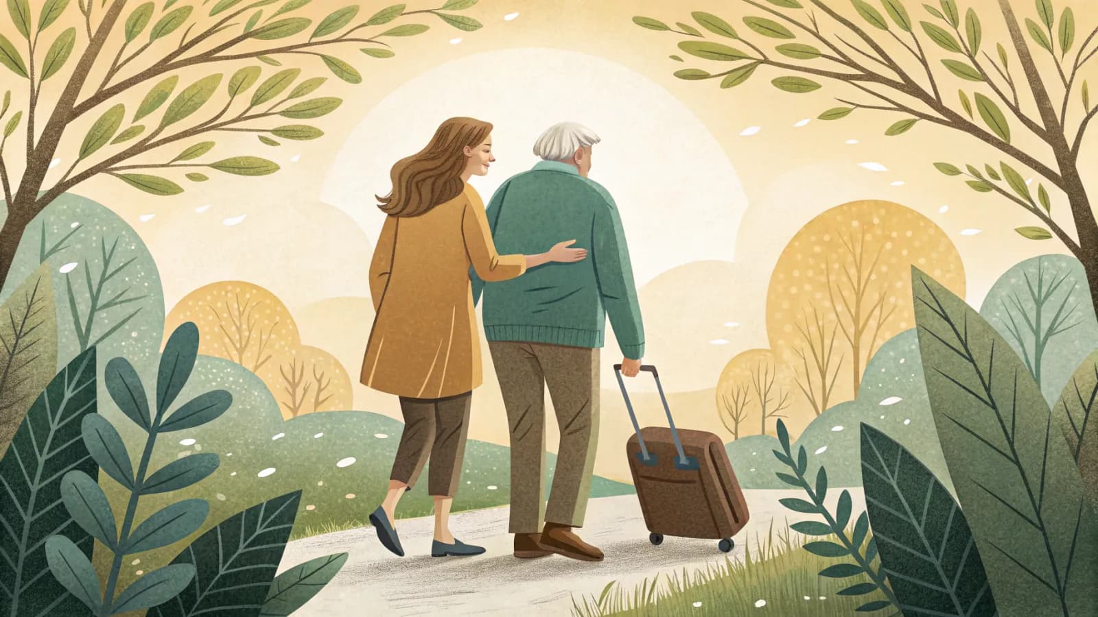 An illustration of an adult daughter helping her father leave a hospital with a small suitcase