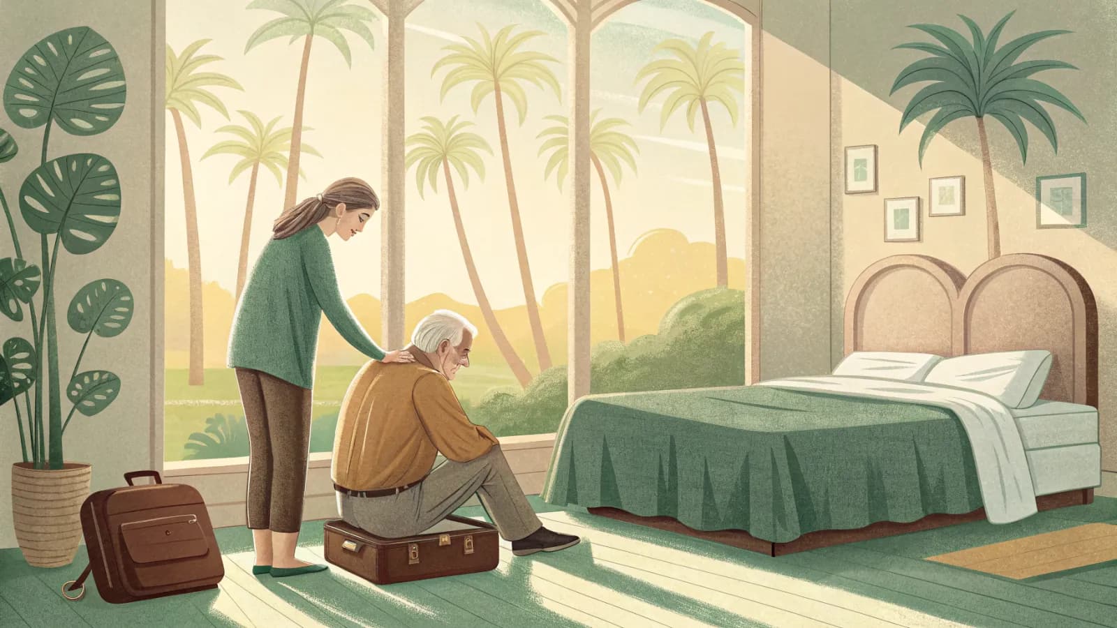 An illustration of an adult daughter helping her father settle into a bright assisted living room with a suitcase nearby
