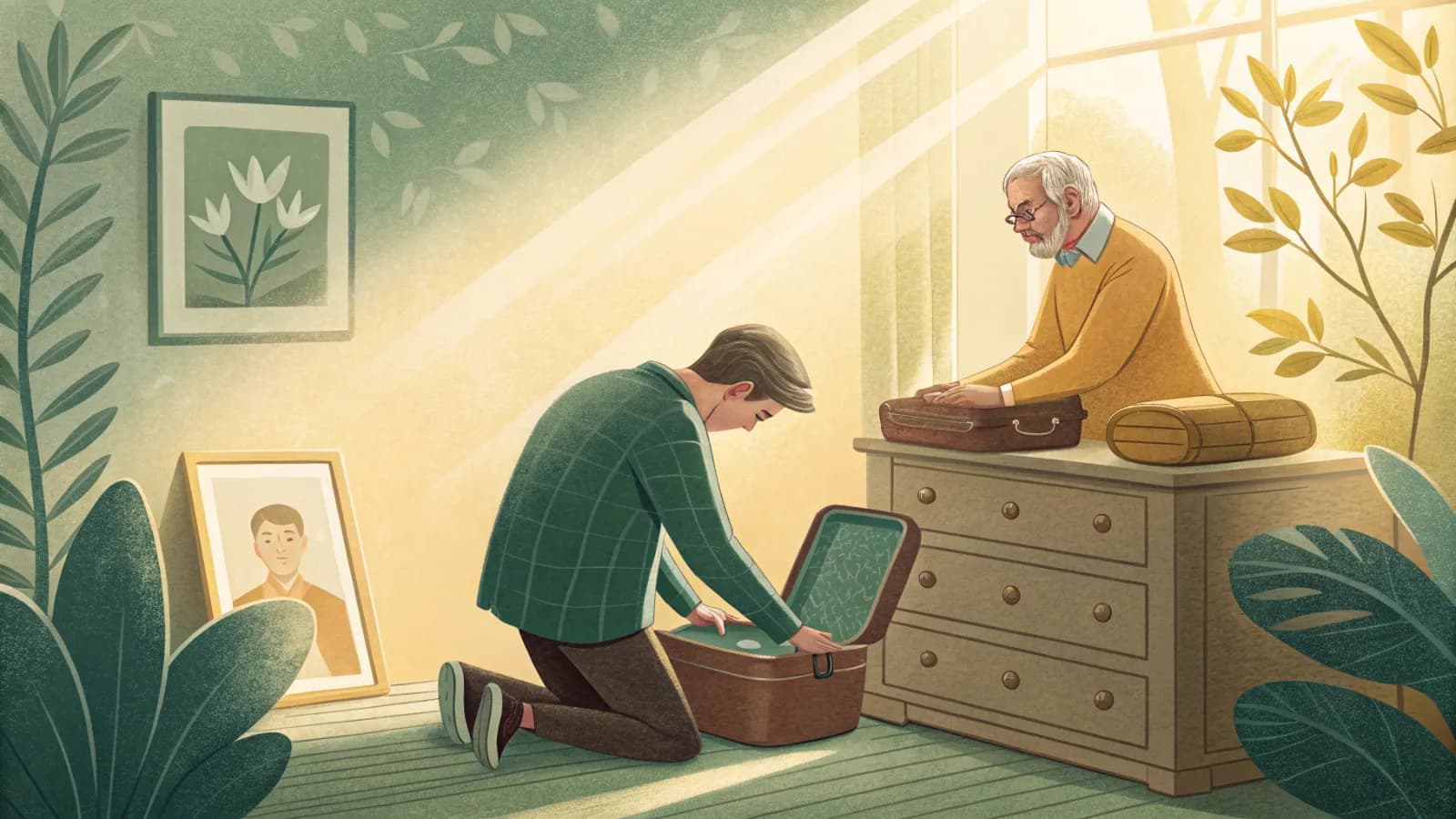 An illustration of an older man and his adult son unpacking a suitcase in a sunny room