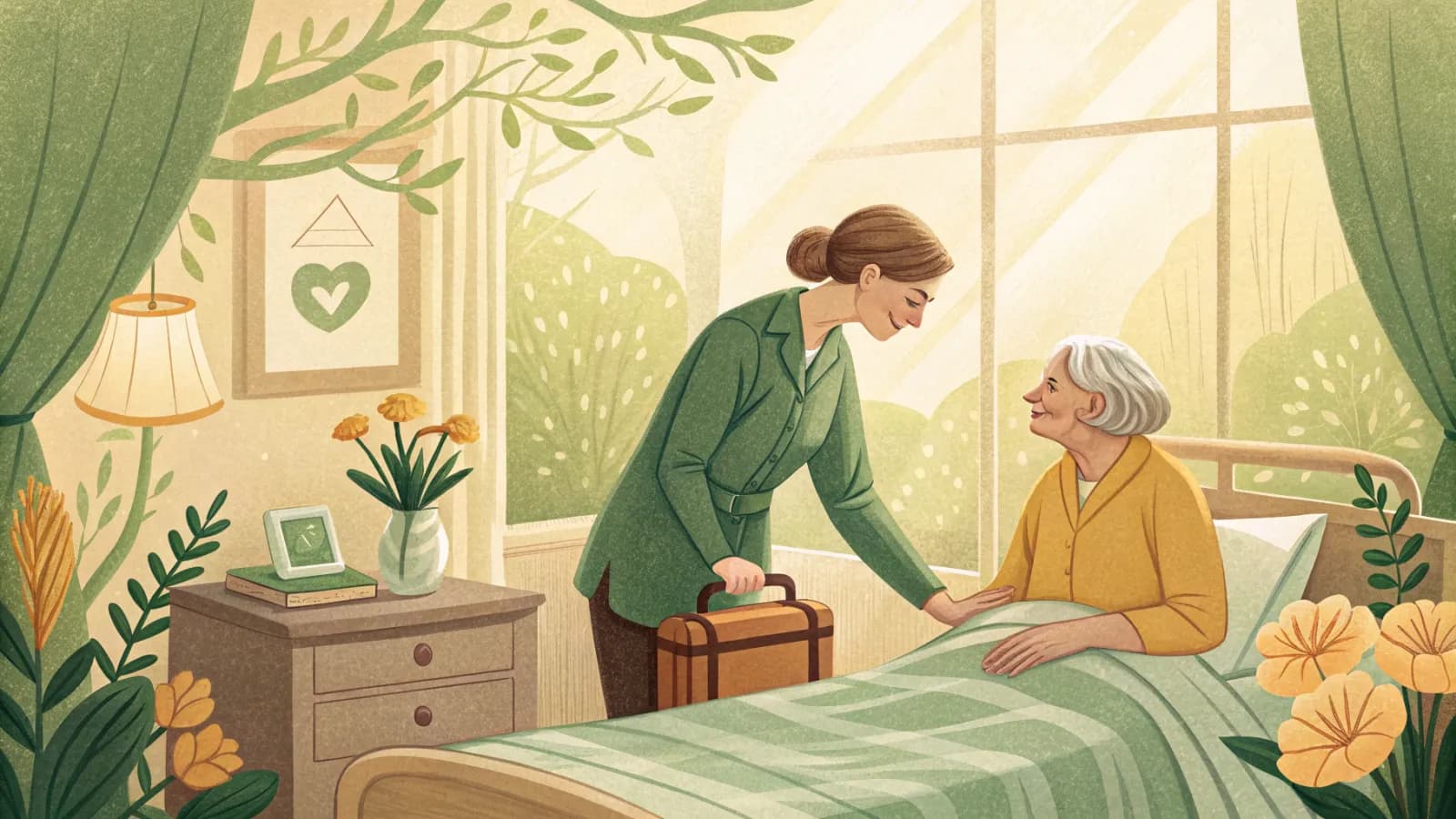 An illustration of a caregiver helping an older woman settle into a bright assisted living room