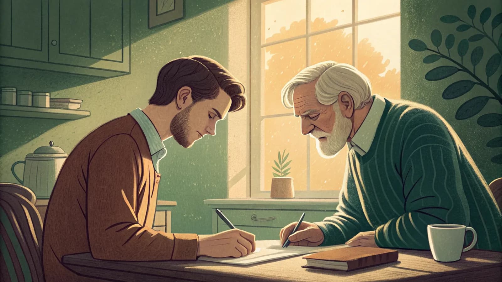 Illustration of an adult son and his elderly father working through bank statements and a notepad at a sunlit kitchen table