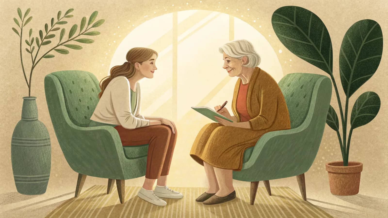An illustration of an adult daughter and her elderly mother having a gentle conversation