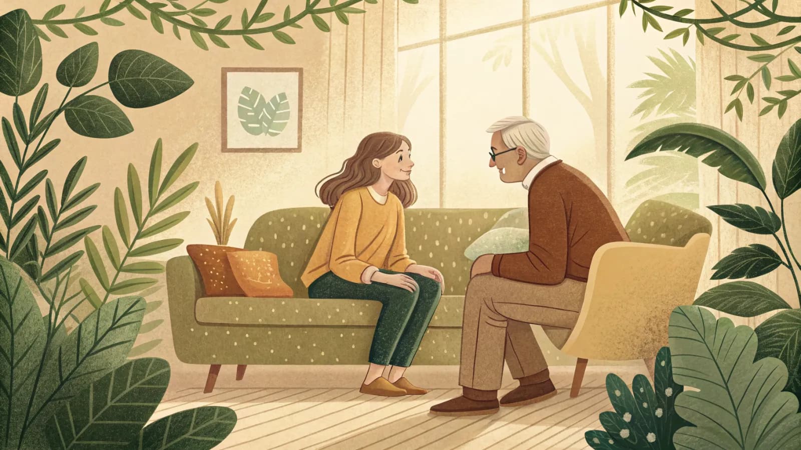 An illustration of an adult daughter and her elderly father talking thoughtfully on a couch