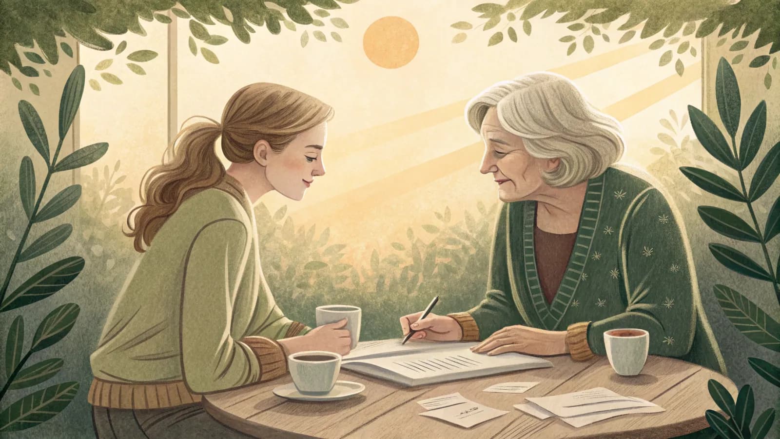An adult daughter and her elderly mother sitting at a kitchen table going over notes together