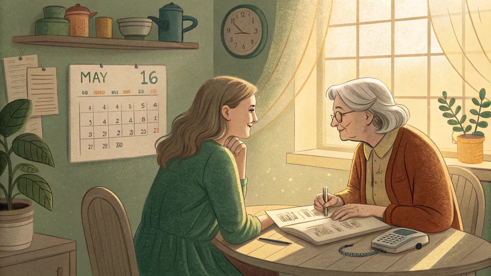 An adult daughter and her elderly mother sitting at a kitchen table with a calendar and a phone between them