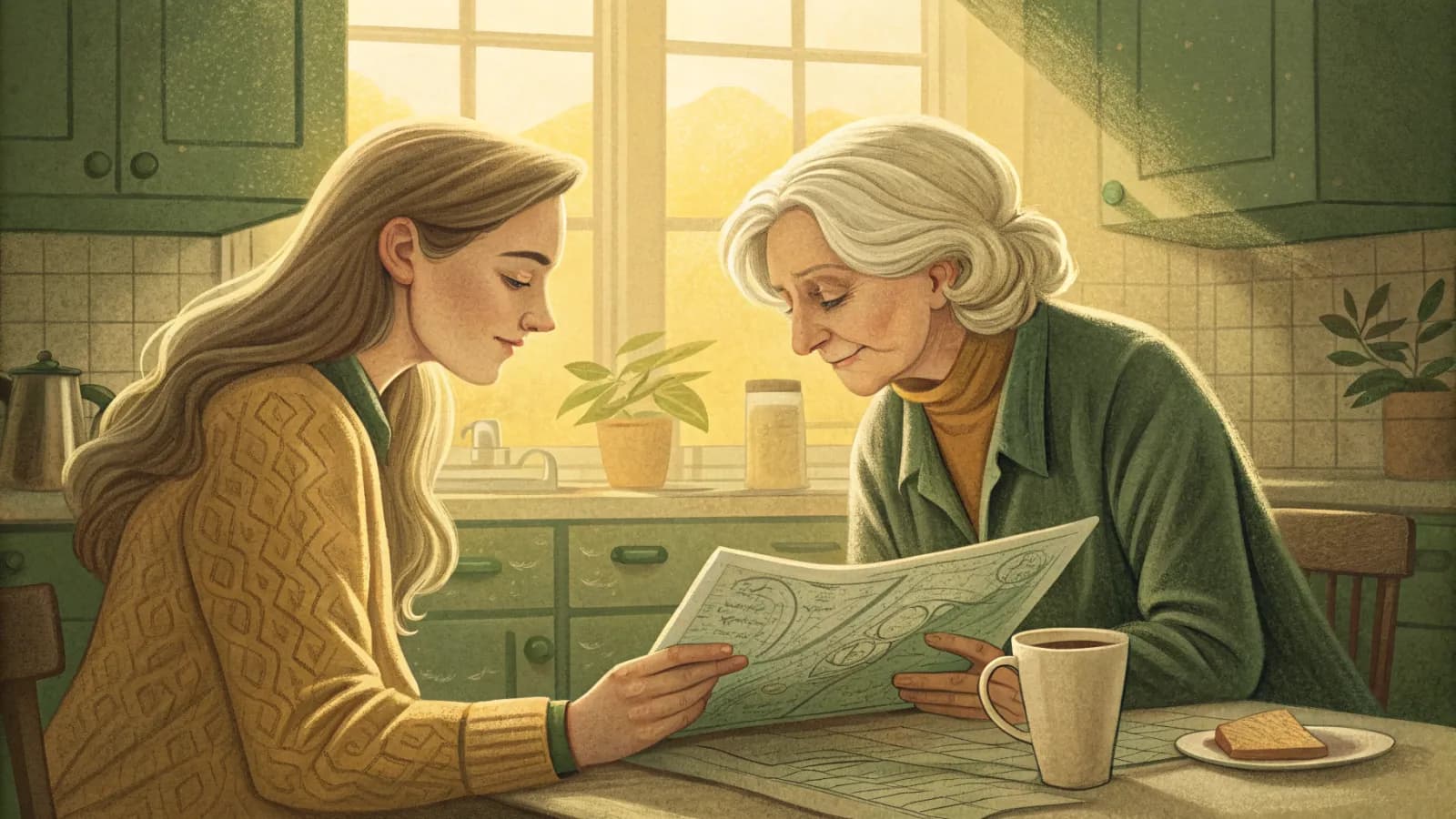 An adult daughter and her elderly mother talking at a kitchen table with a road map open between them