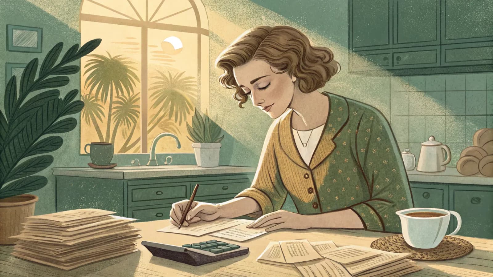 Illustration of an adult daughter and her father at a kitchen table sorting paperwork beside a phone and a list of numbers