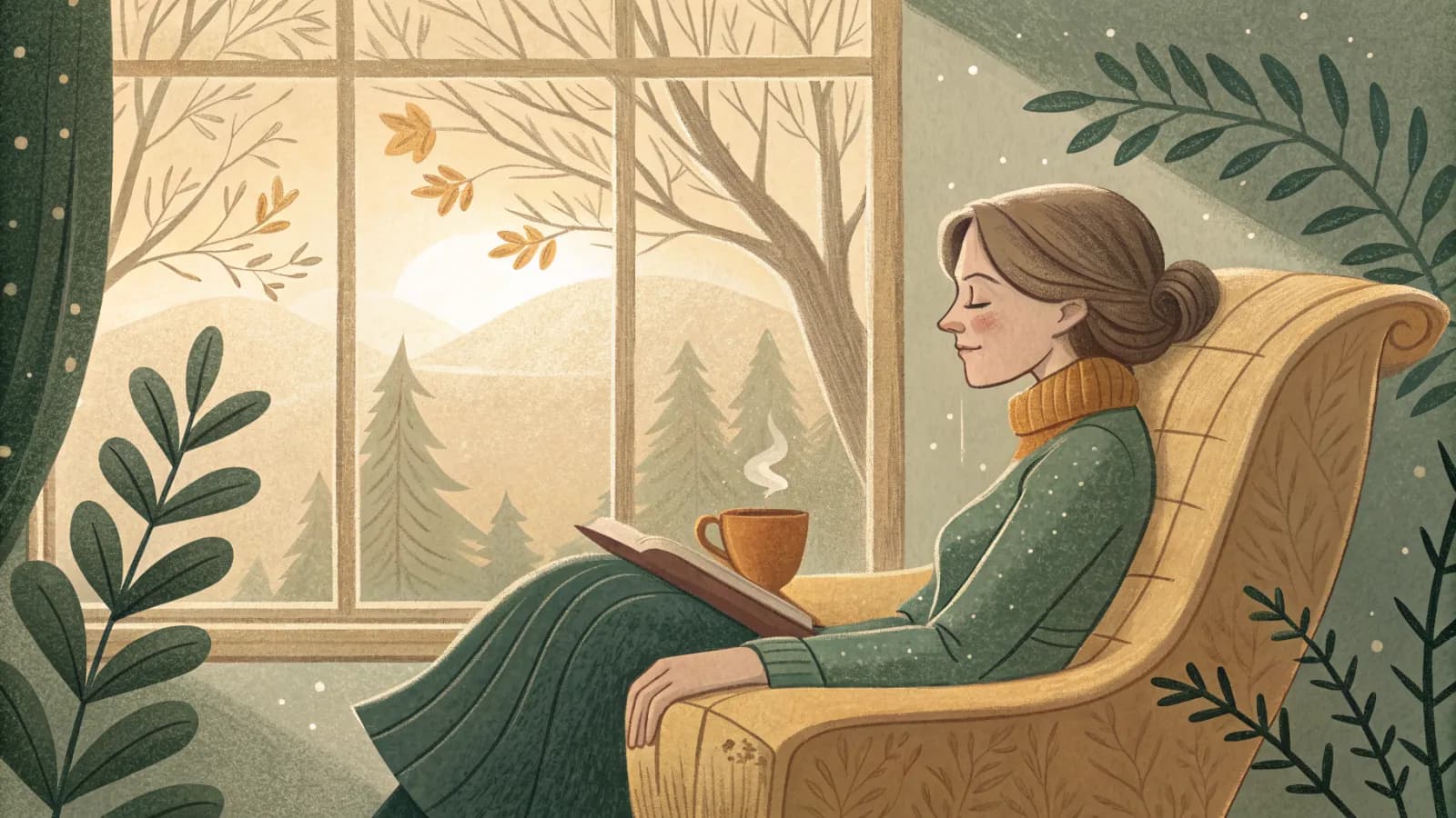 An illustration of a tired middle aged daughter sitting alone at a kitchen table at dawn with a cup of coffee