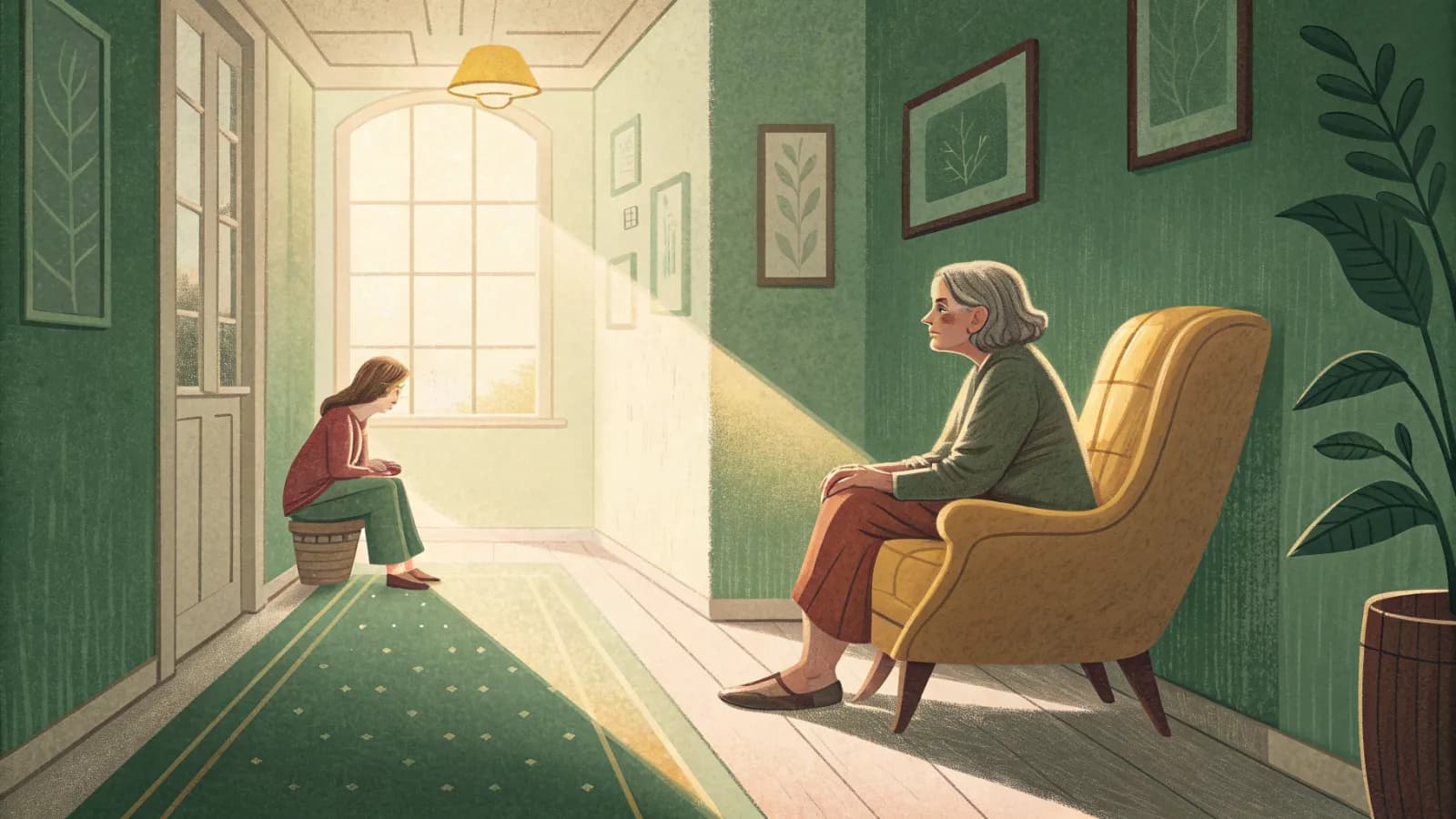 An illustration of an adult daughter and a caregiver talking in a bright hallway while an older woman rests in an armchair nearby