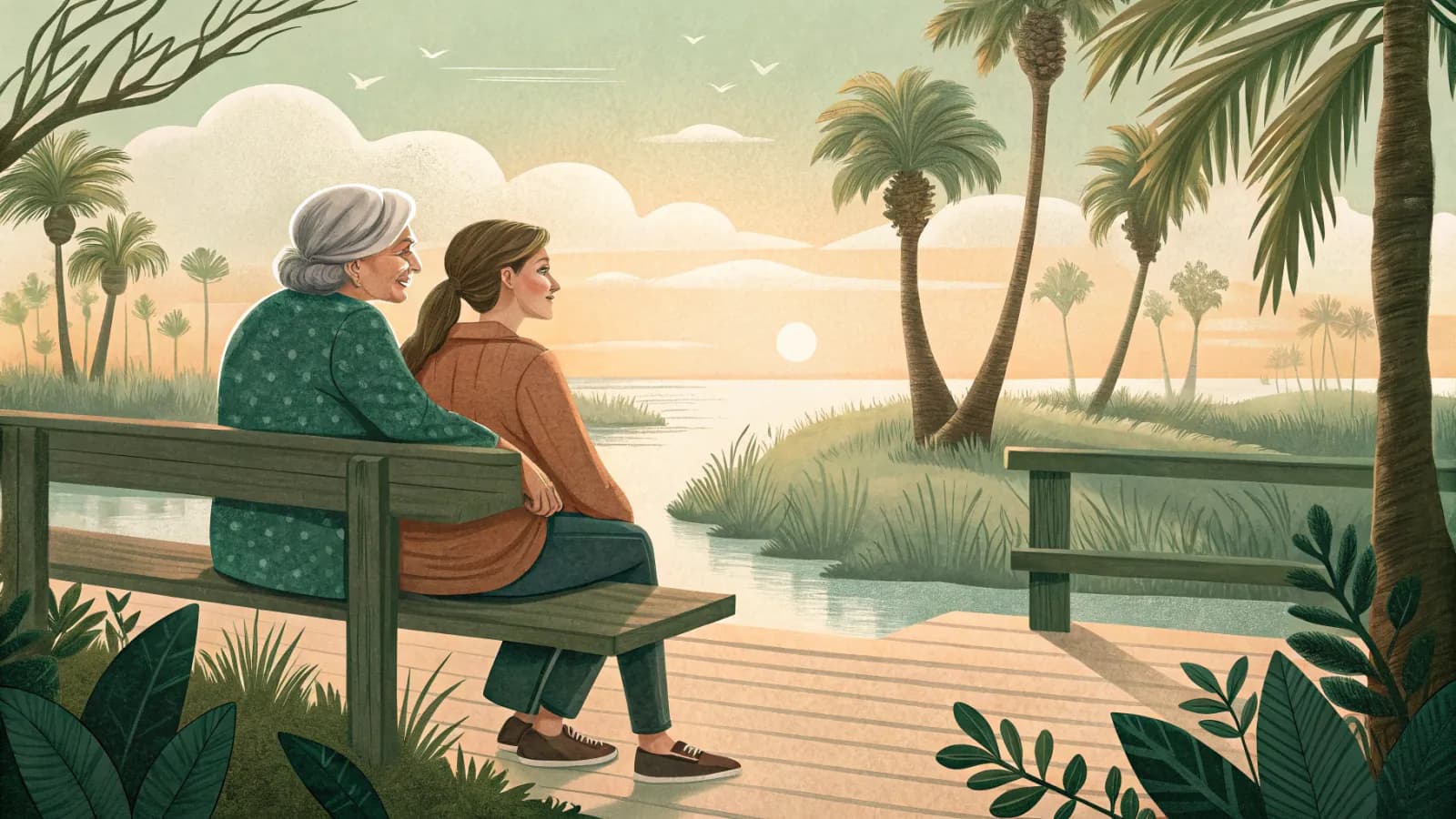 An older woman and her adult daughter resting on a shaded boardwalk bench beside spring fed water