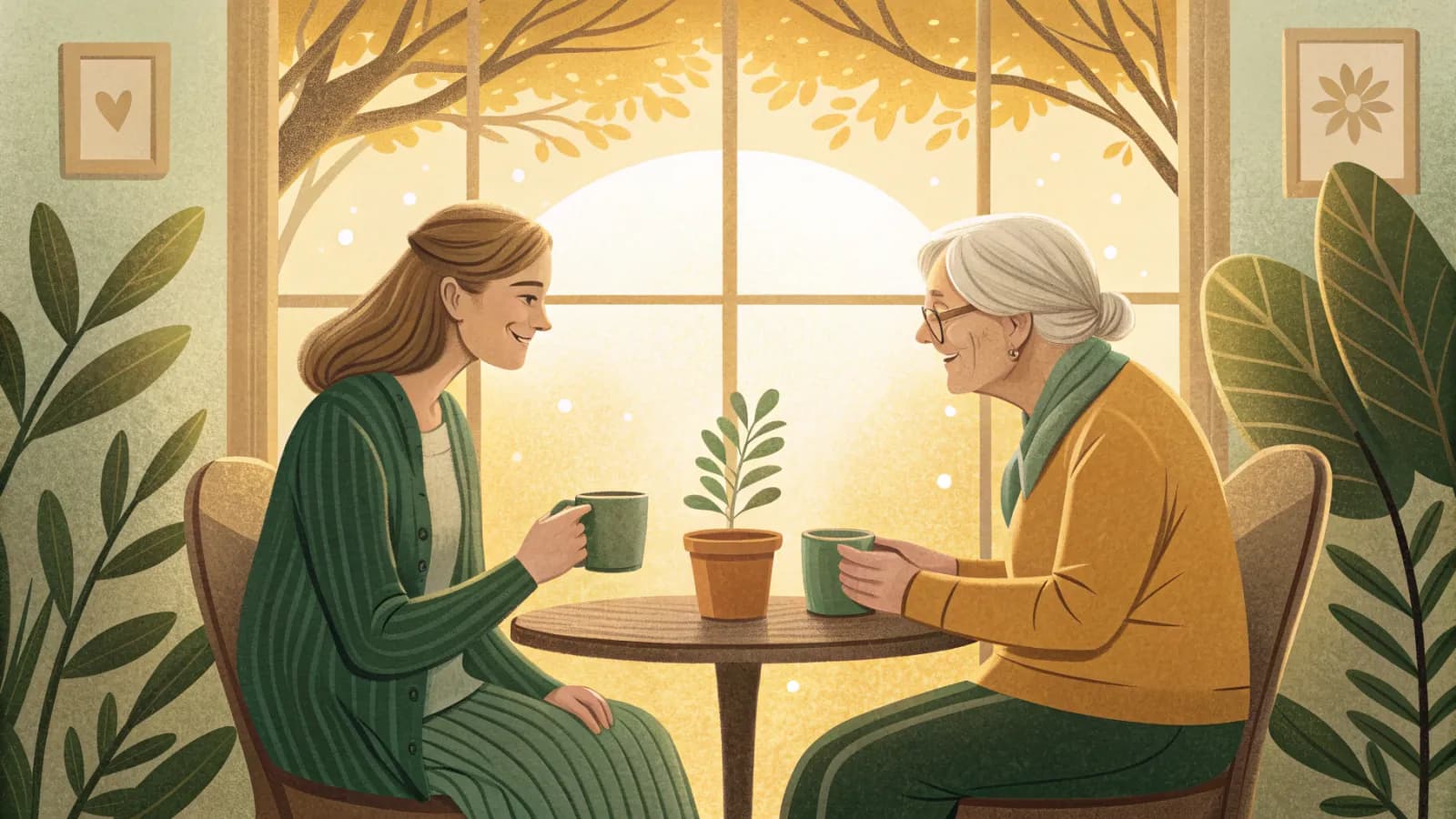 An illustration of a younger woman and an older woman sitting across a small round table by a sunny window, both holding mugs