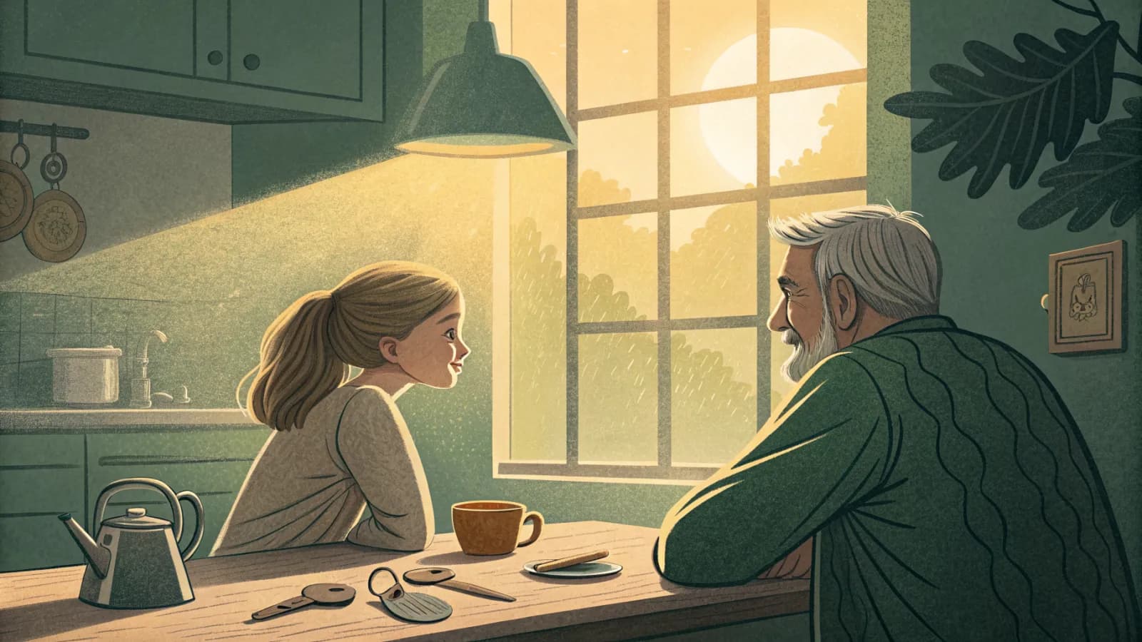 An illustration of an adult daughter and her elderly father talking at a kitchen table with a set of car keys between them