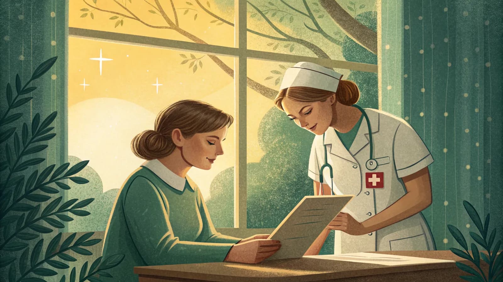 An illustration of a hospital case manager and a nurse reviewing a patient file together at a desk by a bright window
