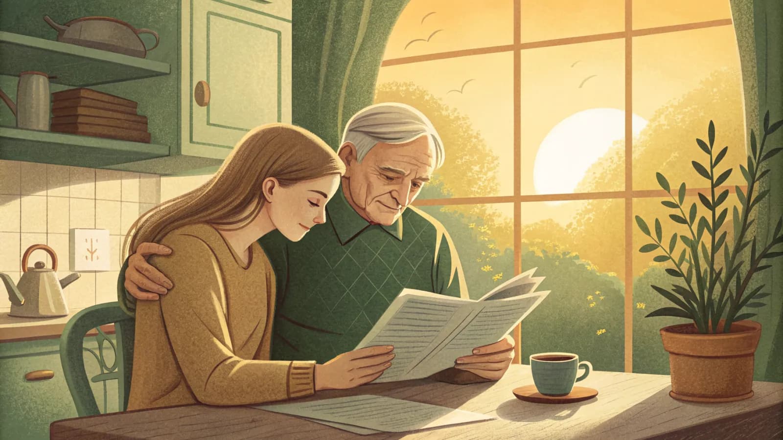 An illustration of an adult daughter and her elderly father reading an insurance policy together at a kitchen table by a sunny window