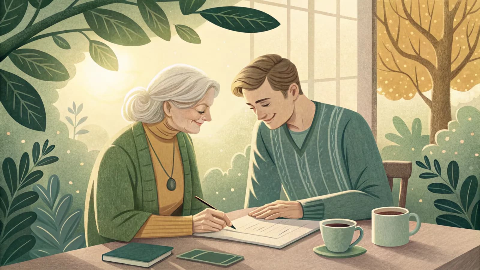 An illustration of an older couple and a helper planning together at a kitchen table