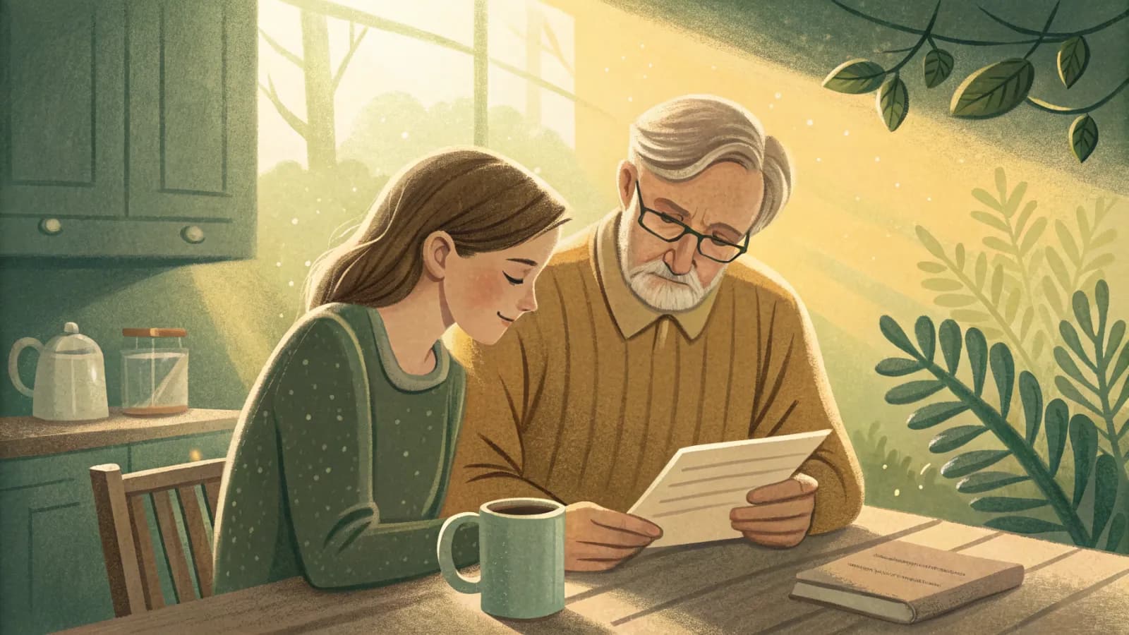 An illustration of an adult daughter and her father reading a benefits letter together at a kitchen table