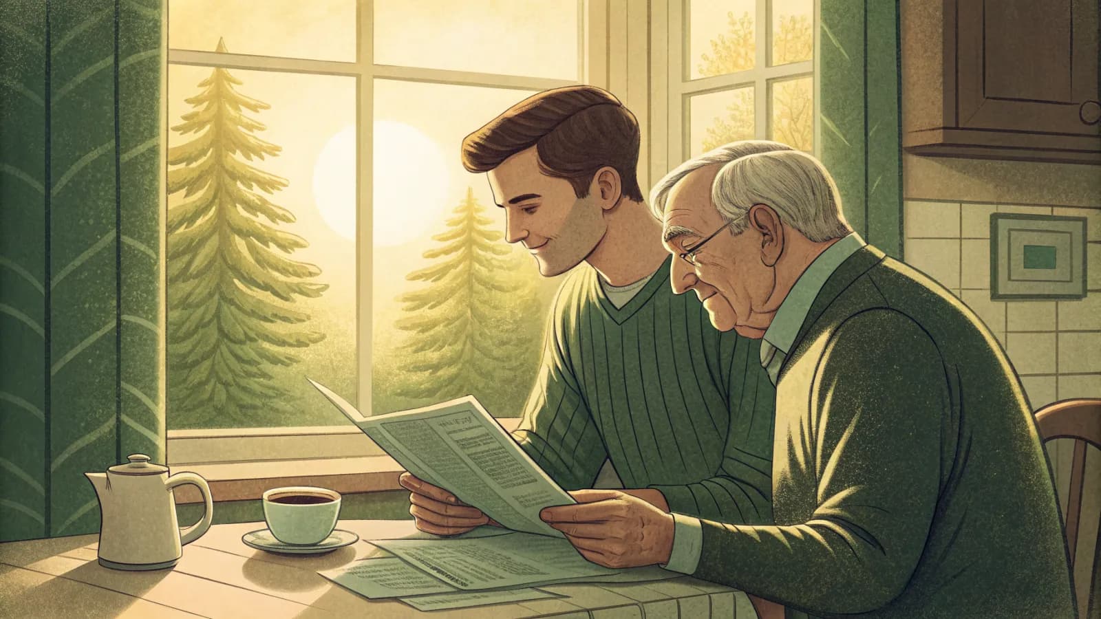 An adult son and his elderly father reading a printed agreement together at a kitchen table by a sunny window