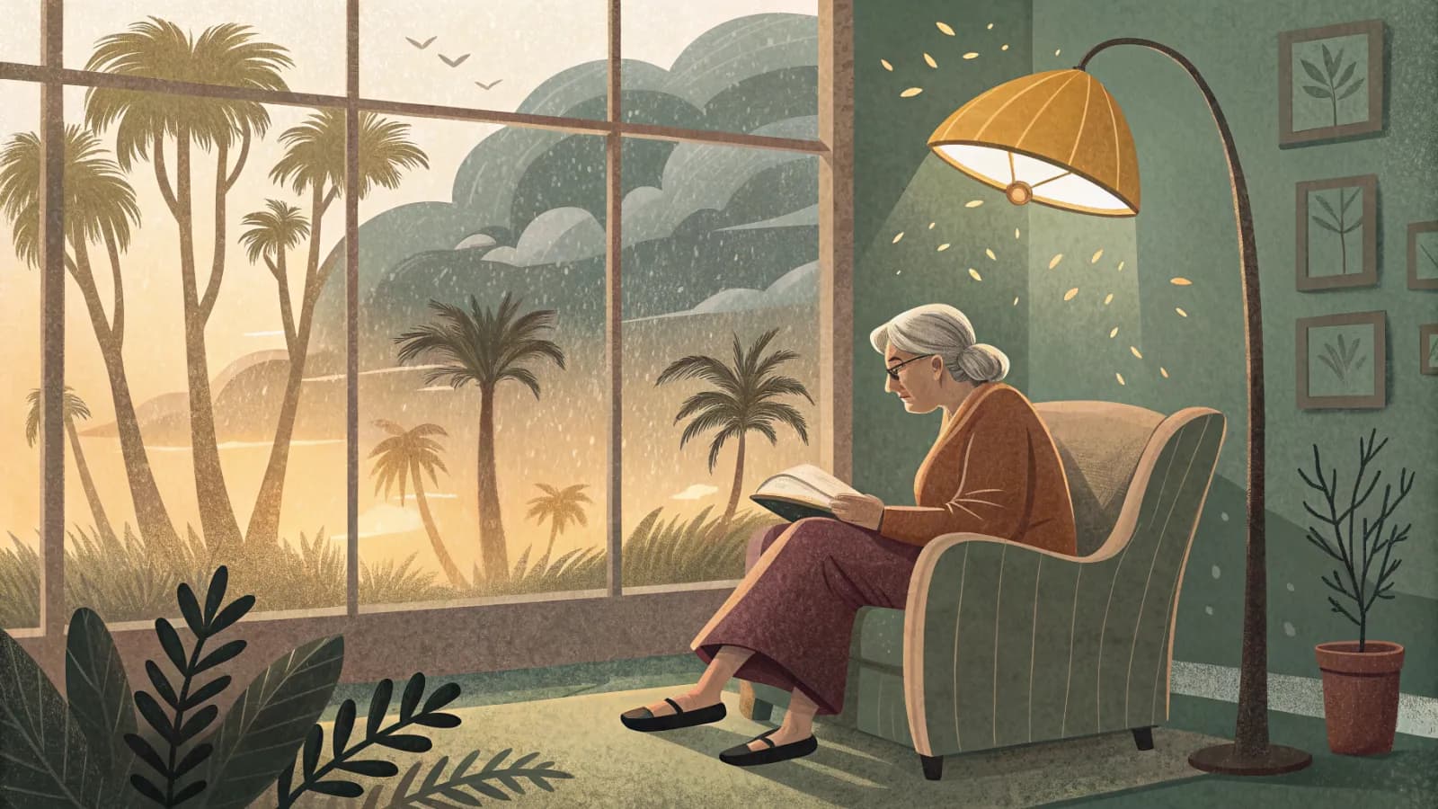 An elderly woman reading in an armchair under a warm lamp while rain and storm clouds gather over palm trees outside the window