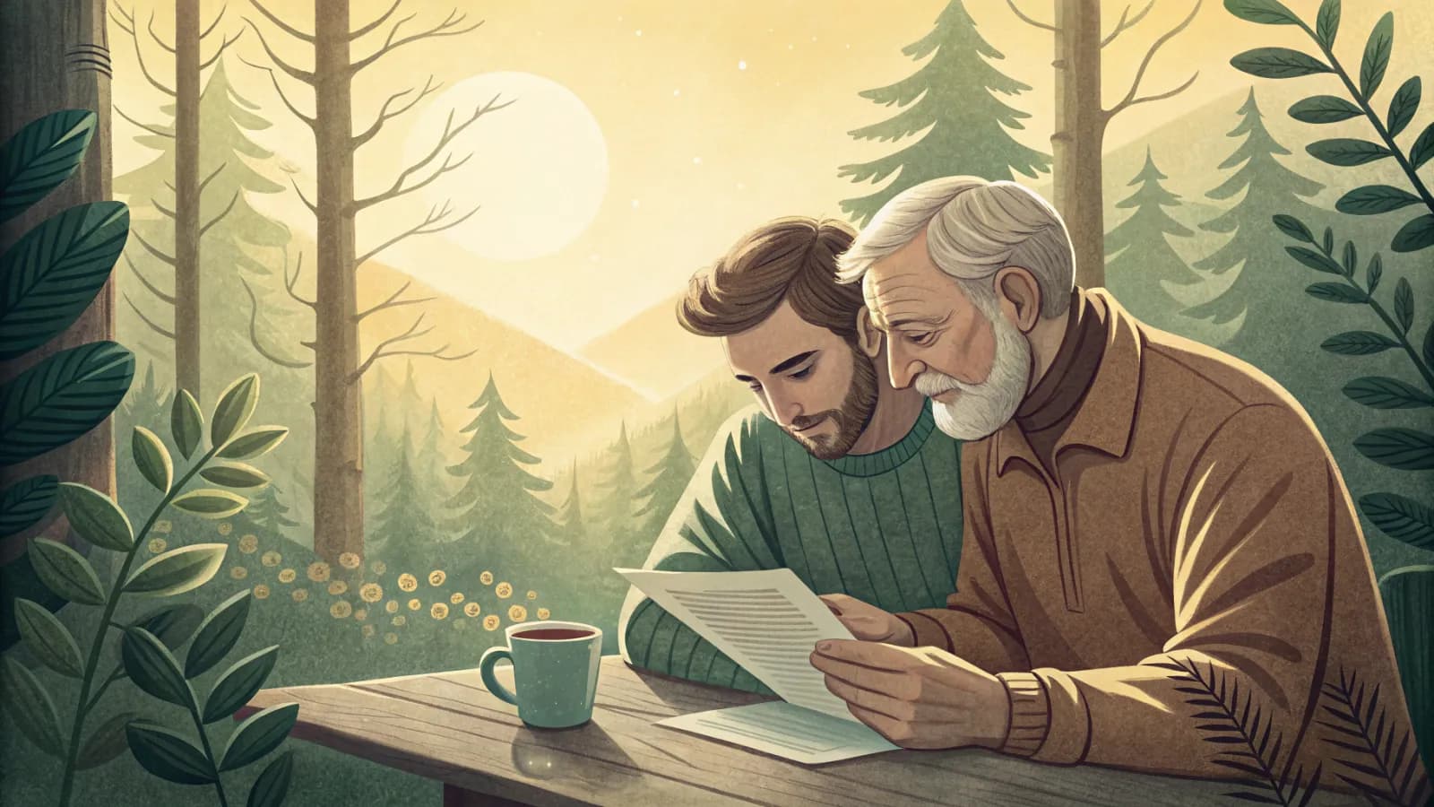 An illustration of an adult son and his elderly father reading paperwork together at a sunny kitchen table