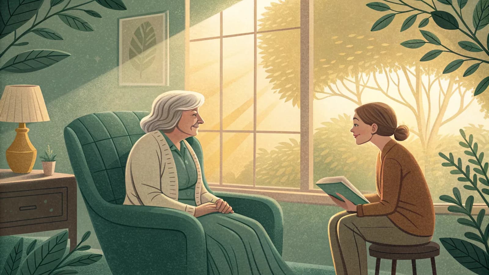 Illustration of an older woman in an armchair by a window talking with her adult daughter while a caregiver listens nearby