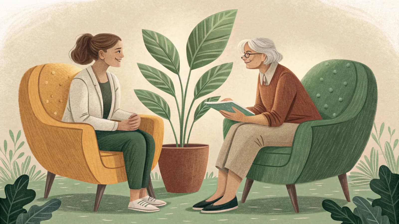 An illustration of an older woman and an advisor having a reassuring conversation