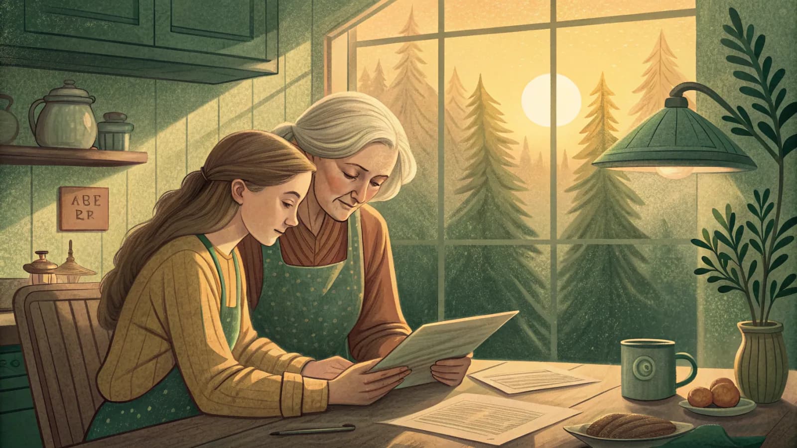 An adult daughter and her elderly mother sorting benefit paperwork together at a kitchen table by a sunny window