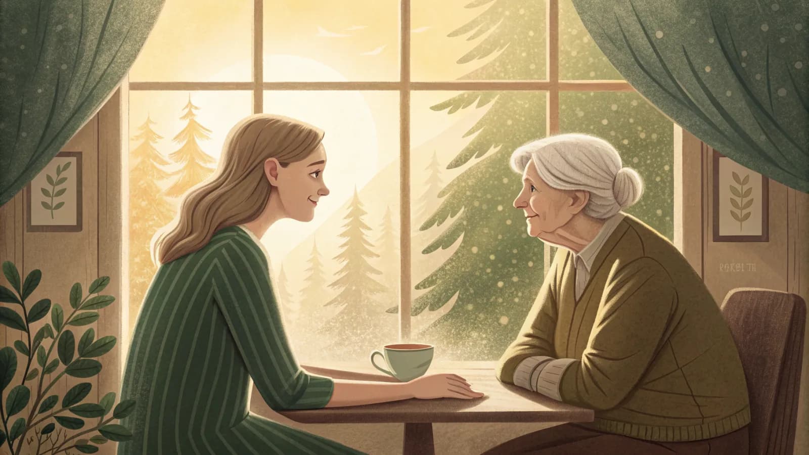 An adult daughter sitting quietly with her elderly mother by a sunny window, holding her hand
