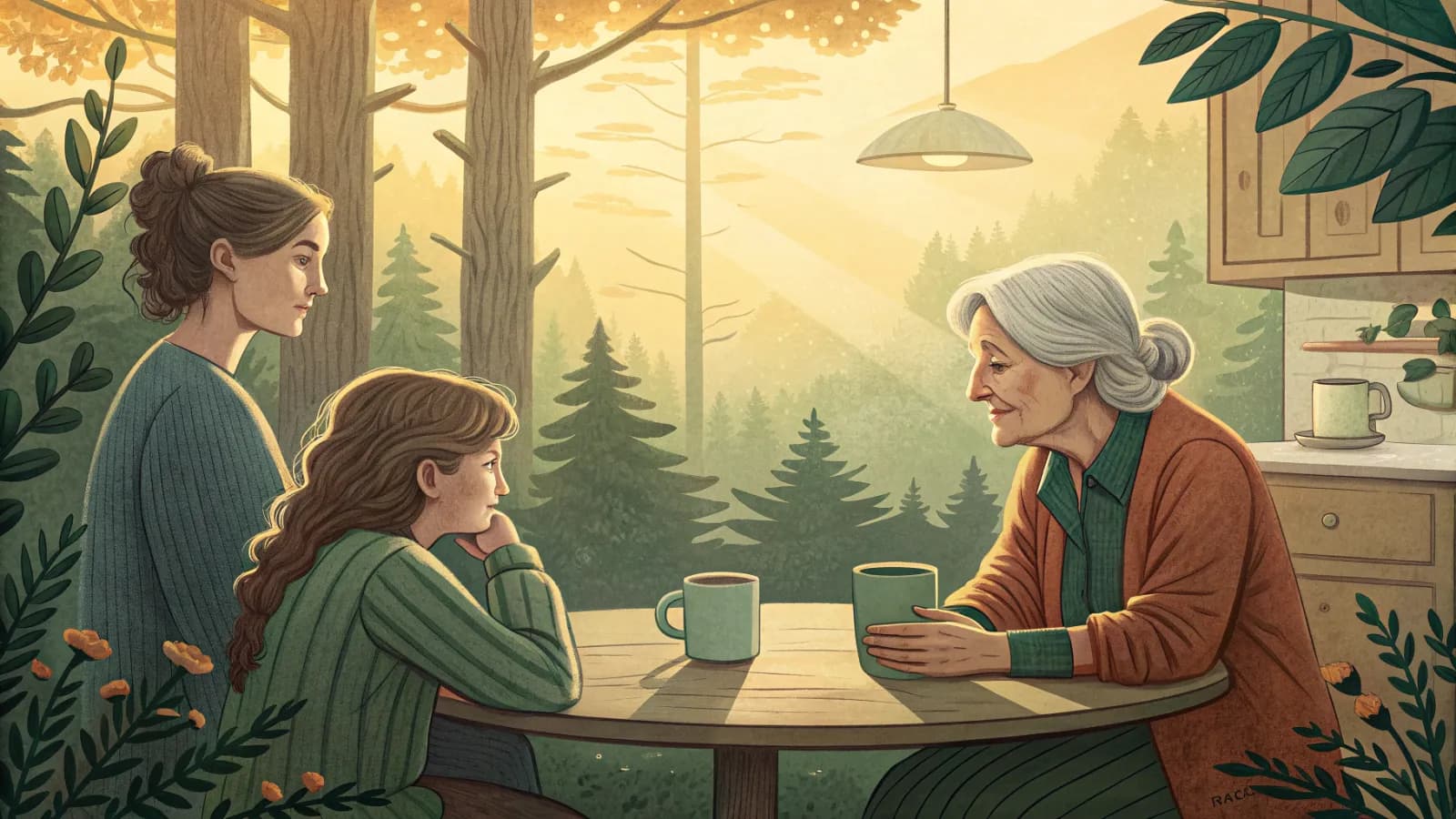 An illustration of a small family gathered around a sunlit kitchen table with an older woman at the center