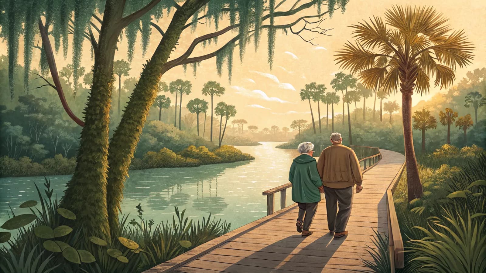 An older couple walking a boardwalk beside a spring fed river on a bright morning