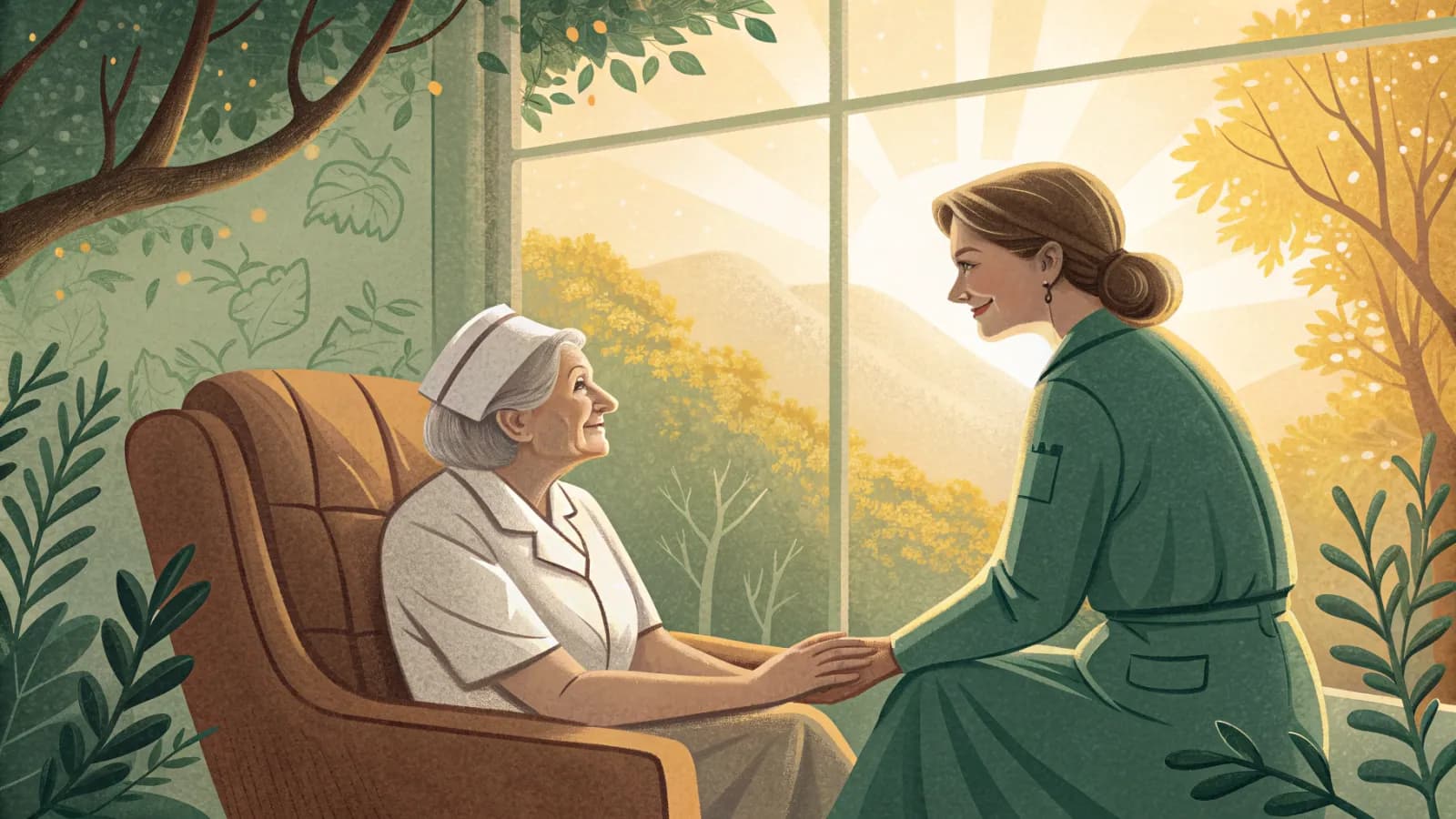 An illustration of a hospice nurse sitting beside an older woman in an armchair by a sunny window while her daughter holds her hand
