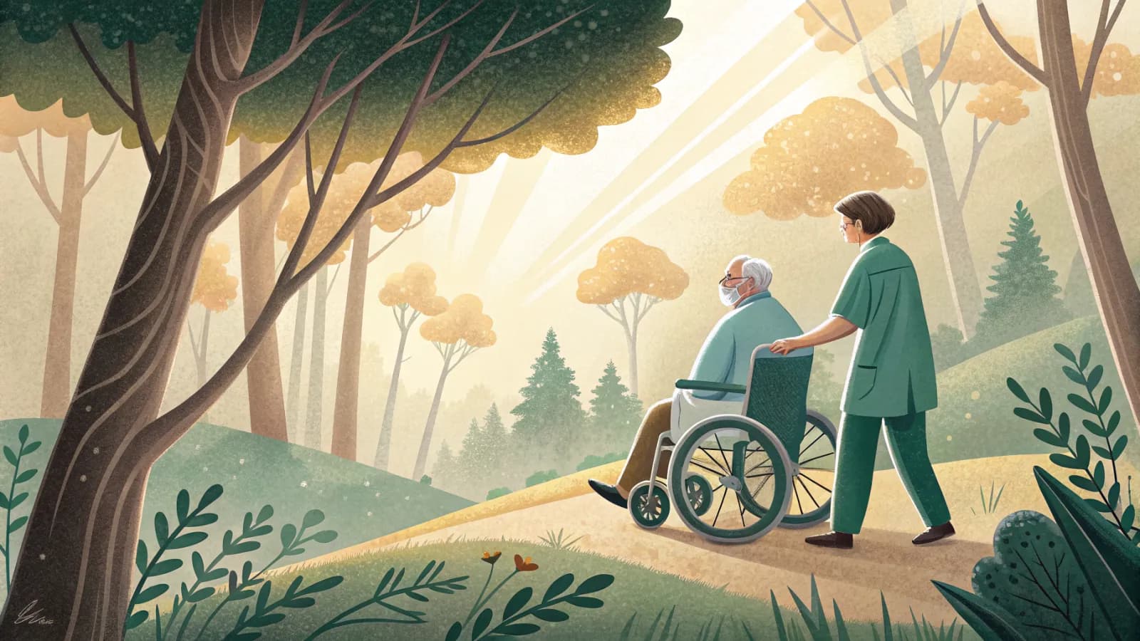 An illustration of an older man leaving the hospital with a caring nurse into warm daylight