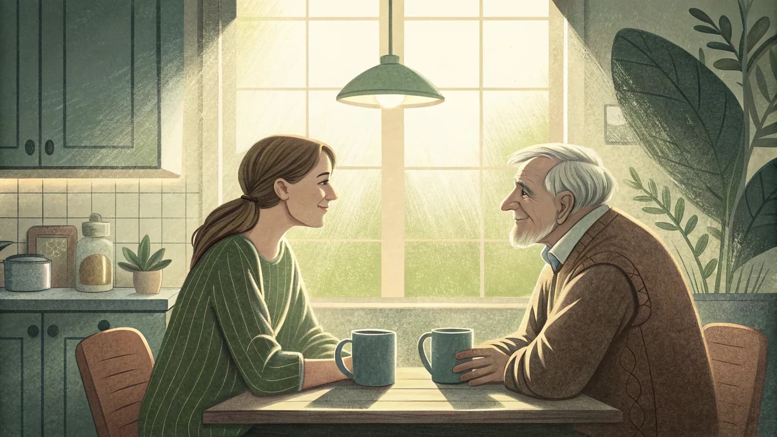 An adult daughter and her elderly father talking quietly across a kitchen table by a sunny window