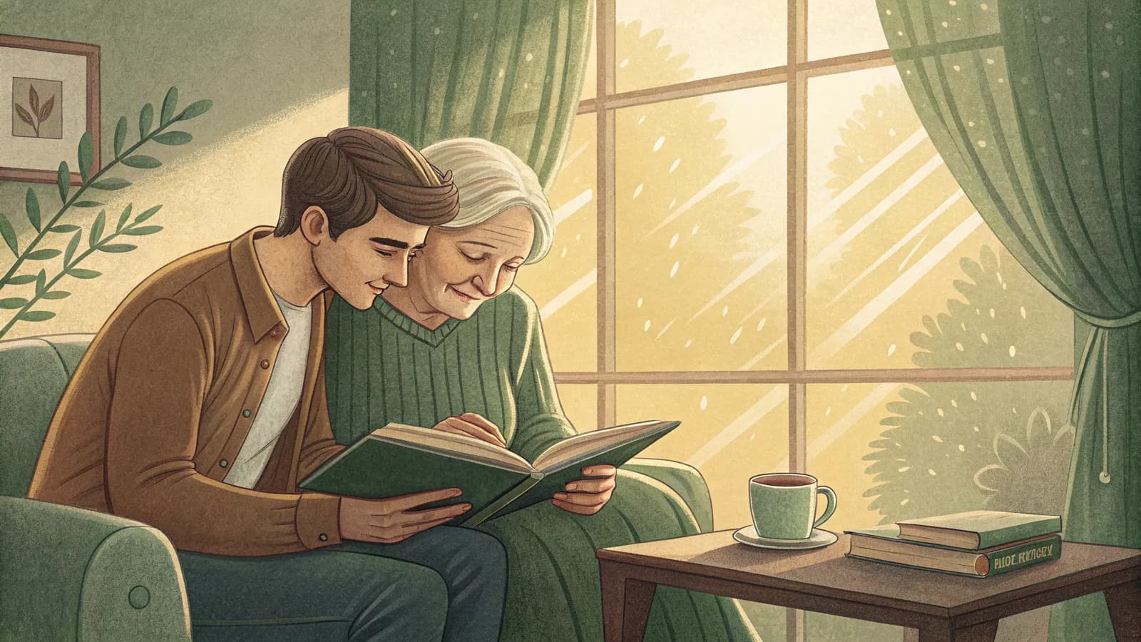 An illustration of an adult son sitting beside his elderly mother looking at a photo album by a sunny window