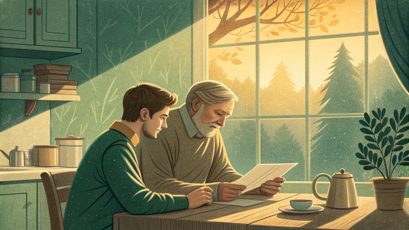An adult son and his elderly father looking at papers together at a kitchen table by a bright window