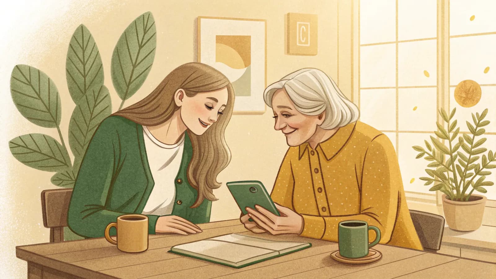 Illustration of an adult daughter and her elderly mother at a kitchen table looking at a phone together, with coffee mugs and an open folder between them