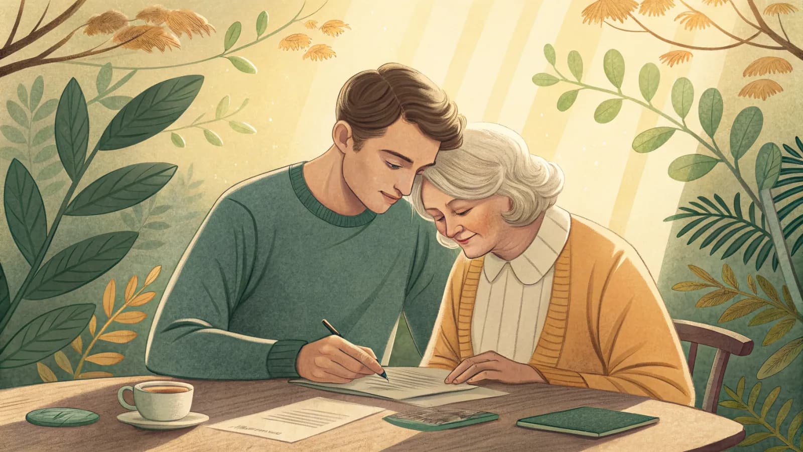 An adult son and his elderly mother sorting bank statements and paperwork at a sunny kitchen table